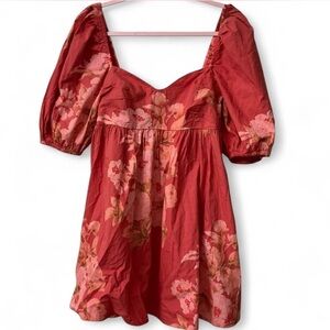 Free People Coral Red Babydoll Dress with Puff Sleeves